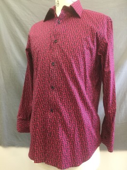 Mens, Casual Shirt, BONOBOS, Black, Hot Pink, Cotton, Spandex, Abstract , 33, 16, Button Front, Collar Attached, Long Sleeves, Slim Cut,  Lip Print