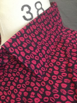 BONOBOS, Black, Hot Pink, Cotton, Spandex, Abstract , Button Front, Collar Attached, Long Sleeves, Slim Cut,  Lip Print