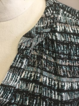 SEJOUR, Gray, Teal Green, Black, White, Polyester, Abstract , Short Sleeves, Round Neck with Notched V at Center, Pullover
