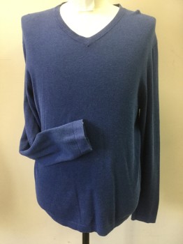 Mens, Pullover Sweater, BANANA REPUBLIC, Denim Blue, Cotton, Solid, Medium, V-neck, Long Sleeves,