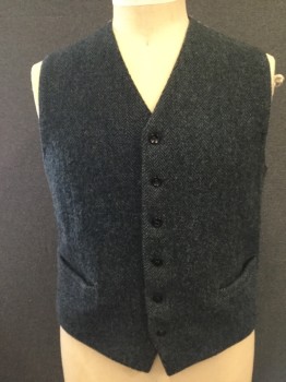 WESTERN CO, Black, Blue, Wool, Cotton, Herringbone, Tweed, 6 Button Single Breasted, 2 Pockets, Stripped Cotton Back,