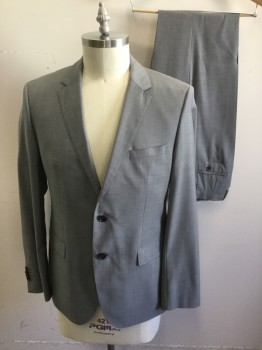 HUGO BOSS, Lt Gray, Wool, Solid, Single Breasted, Notched Lapel, Hand Picked Collar/Lapel, 2 Buttons,  3 Pockets