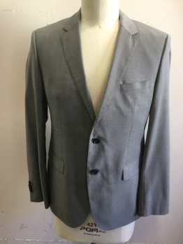 HUGO BOSS, Lt Gray, Wool, Solid, Single Breasted, Notched Lapel, Hand Picked Collar/Lapel, 2 Buttons,  3 Pockets