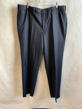 Mens, Suit, Pants, MTO/ SPIROS, Charcoal Gray, White, Wool, Stripes - Pin, 40/34, Flat Front, Zip Fly, Button Tab Closure, Belt Loops, 4 Pockets, *Hole in the Seat on Right Side*