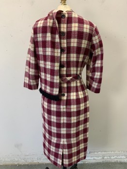 N/L, Red, Ivory White, Black, Acrylic, Plaid-  Windowpane, Round Neck with Scarf Attached, Long Sleeves, 6 Buttons Center Back with Little Waist Belt, Center Back Kick Pleat,