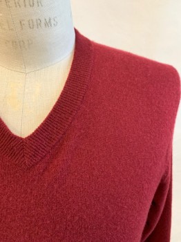 JOHN NORDSTROM, Brick Red, Cashmere, Solid, V-neck, Ribbed Neck/Waistband/Cuff