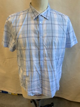 CALVIN KLEIN, White, Baby Blue, French Blue, Gray, Charcoal Gray, Cotton, Polyester, Plaid, Collar Attached, Button Front, Short Sleeves, Curved Hem