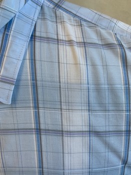 CALVIN KLEIN, White, Baby Blue, French Blue, Gray, Charcoal Gray, Cotton, Polyester, Plaid, Collar Attached, Button Front, Short Sleeves, Curved Hem