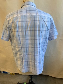 Mens, Casual Shirt, CALVIN KLEIN, White, Baby Blue, French Blue, Gray, Charcoal Gray, Cotton, Polyester, Plaid, 2XL, Collar Attached, Button Front, Short Sleeves, Curved Hem