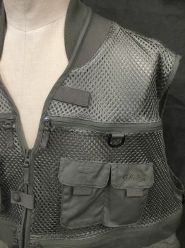 Mens, Wilderness Vest, CABELA'S, Olive Green, Polyester, Cotton, Solid, 4XL, Mesh Top Half, Zip Front, V-neck, Lots of Pockets, Back Zip Yoke Vent, Tab Plastic Snap Front, Ribbed Knit Bomber Collar, 2 Back Zip Pockets, Hunting and Fishing