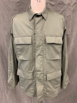 Mens, Casual Jacket, PROPPER, Dk Olive Grn, Cotton, Polyester, Solid, L, Button Front, Hidden Placket, Collar Attached, 4 Flap Pockets, Long Sleeves, Button Tab Cuff