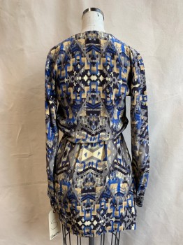 Womens, Dress, Long & 3/4 Sleeve, PARKER, Royal Blue, Black, Brown, Beige, Gray, Synthetic, Abstract , Geometric, W23-26, B 32, V-neck, Cross Over Bust, Elastic Waist, Faux Wrap