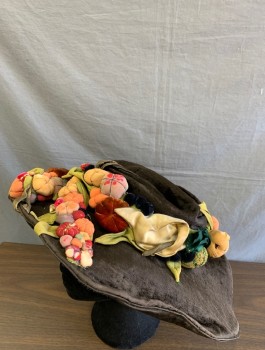 Dk Brown, Multi-color, Peach Orange, Cranberry Red, Sage Green, Cotton, Silk, Crushed Velvet, with 3D Fabric "Pumpkins" and Green Fabric "Leaves", 4" Brim, Flat Unstructured Top, **Fabric Wearing Away on Some Pumpkins