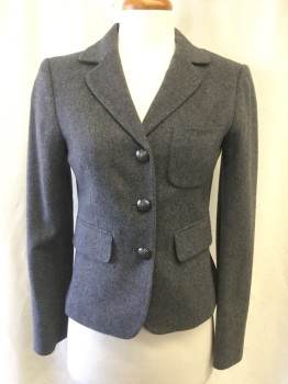 HOBBS, Heather Gray, Wool, Cashmere, Single Breasted, Collar Attached, Notched Lapel, 3 Embossed Pewter Buttons, 3 Pockets, Long Sleeves