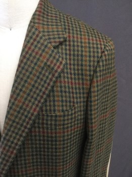 FACONNABLE, Olive Green, Navy Blue, Dk Red, Orange, Wool, Grid , Single Breasted, Collar Attached, Notched Lapel, 3 Pockets, Tan Suede Elbow Patches