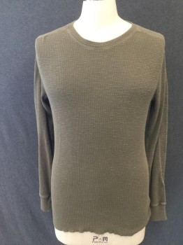 RR RALPH LAUREN, Olive Green, Cotton, Solid, Waffle Knit, Crew Neck, Yoke Extended Into Top of Sleeve, Cuff