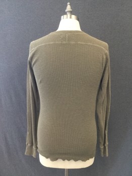RR RALPH LAUREN, Olive Green, Cotton, Solid, Waffle Knit, Crew Neck, Yoke Extended Into Top of Sleeve, Cuff
