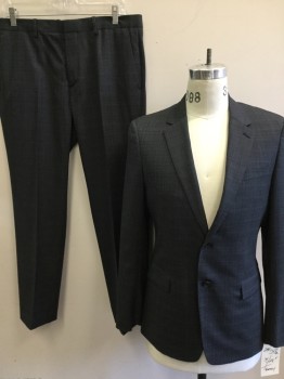 THEORY, Black, Gray, Blue, Wool, Plaid, 2 Buttons,  3 Pockets, Notched Lapel, Woven Plaid