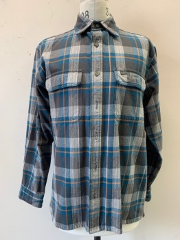 CARHARTT, Teal Blue, Dk Gray, Lt Gray, Brown, Cotton, Plaid, Button Front, Collar Attached, Long Sleeves, 2 Flap Pockets with Button Closure