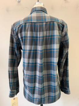 CARHARTT, Teal Blue, Dk Gray, Lt Gray, Brown, Cotton, Plaid, Button Front, Collar Attached, Long Sleeves, 2 Flap Pockets with Button Closure