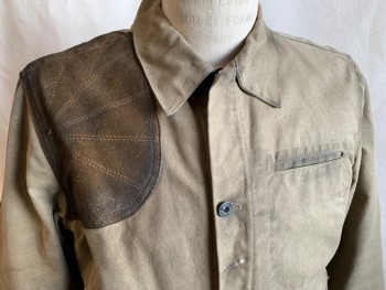 Mens, Casual Jacket, FARIBAULT, Brown, Cotton, Wool, Solid, L, Cotton Duck, Dark Brown Leather Suede Shoulder Panel, Button Front, Collar Attached, 3 Pockets, Long Sleeves, Button Cuff, Aged/Distressed, Gray Wool Plaid Lining