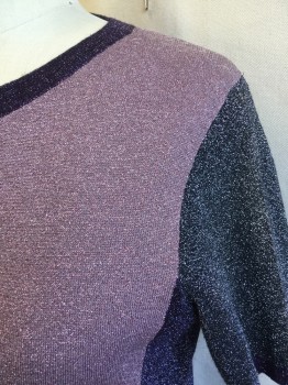 BOSS, Dusty Rose Pink, Iridescent Purple, Wool, Polyester, Solid, Sparkle Dusty Rose Front with Sparkle/iridescent Purple Crew Neck Trim, Short Sleeves, Sides, and Back