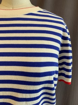 Womens, Top, & OTHER STORIES, White, Blue, Red, Cotton, Silk, Stripes, S, Crew Neck, Short Sleeves, Elastic Waistband