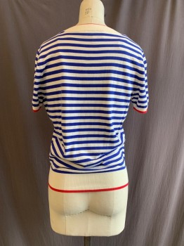 Womens, Top, & OTHER STORIES, White, Blue, Red, Cotton, Silk, Stripes, S, Crew Neck, Short Sleeves, Elastic Waistband