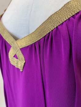 Womens, Top, TRINA TURK, Purple, Gold, Rayon, Spandex, Solid, S, Stretch Jersey Tank Top with Gold Metallic 1/2" Wide Ribbon Detail at Neck and Straps, Strap Across Back Shoulders, Grecian Inspired