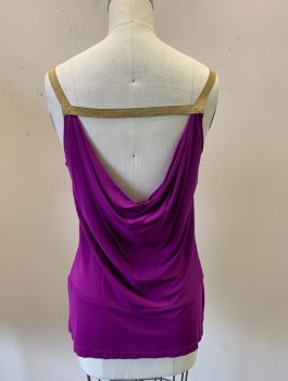 Womens, Top, TRINA TURK, Purple, Gold, Rayon, Spandex, Solid, S, Stretch Jersey Tank Top with Gold Metallic 1/2" Wide Ribbon Detail at Neck and Straps, Strap Across Back Shoulders, Grecian Inspired