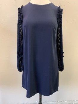 Womens, Dress, ANN TAYLOR, Navy Blue, Polyester, Solid, Polka Dots, 10, Crew Neck, Sheath,  Long Sleeves Sheer with Dots and Gathered at Wrists, Ruffles at Shoulders
