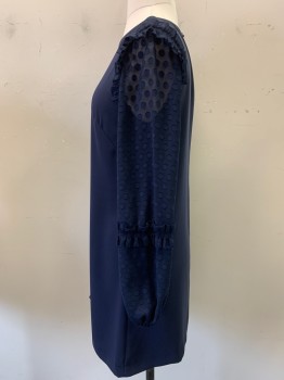Womens, Dress, ANN TAYLOR, Navy Blue, Polyester, Solid, Polka Dots, 10, Crew Neck, Sheath,  Long Sleeves Sheer with Dots and Gathered at Wrists, Ruffles at Shoulders