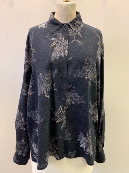 Womens, Blouse, VINCE, Black, Off White, Khaki Brown, Silk, Floral, Pin Dot, M, Collar Attached, Button Front, Long Sleeves