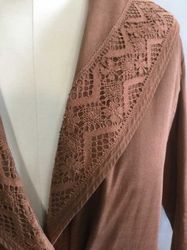 Womens, Coat 1890s-1910s, N/L, Brown, Cotton, Solid, B:40, Long Sleeves, Large Shawl Lapel, Crochet Lace Trim At Collar and Cuffs, 3 Large Tortoise Shell Buttons, No Lining, Made To Order