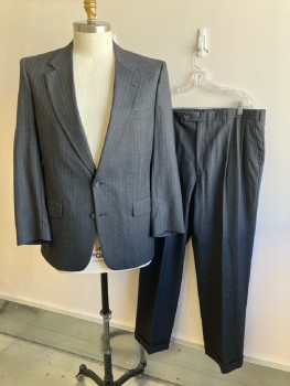 BURBERRY, Charcoal Gray, Wool, Stripes - Pin, SB. Notched Lapel, Alternating Maroon/Gray Stripe, 3 Pckts, Single Vent, 4 Button Cuff