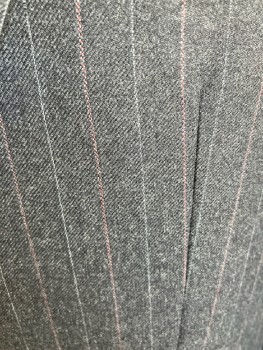 BURBERRY, Charcoal Gray, Wool, Stripes - Pin, SB. Notched Lapel, Alternating Maroon/Gray Stripe, 3 Pckts, Single Vent, 4 Button Cuff