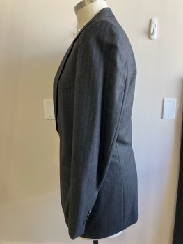 BURBERRY, Charcoal Gray, Wool, Stripes - Pin, SB. Notched Lapel, Alternating Maroon/Gray Stripe, 3 Pckts, Single Vent, 4 Button Cuff