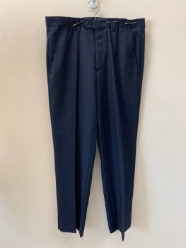 Mens, Slacks, ALFANI, Navy Blue, Polyester, Wool, 32/2, Slant Pockets, Zip Front, Pleated Front, 2 Welt Pockets With Buttons