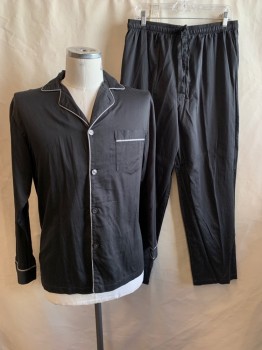Mens, Sleepwear PJ Top, STAFFORD, Black, Lt Gray, Cotton, Polyester, Solid, M, SHIRT, Collar Attached, Button Front, Long Sleeves, Notched Lapel, 1 Pocket, Light Gray Pipe Trim