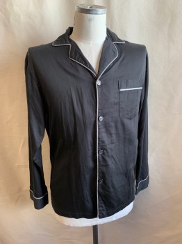 Mens, Sleepwear PJ Top, STAFFORD, Black, Lt Gray, Cotton, Polyester, Solid, M, SHIRT, Collar Attached, Button Front, Long Sleeves, Notched Lapel, 1 Pocket, Light Gray Pipe Trim