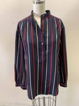 Womens, Blouse, CLUB MONACO, Navy Blue, Cherry Red, Off White, Polyester, Stripes - Vertical , XS, Long Sleeves, Half Button Front, 5 Buttons, Mandarin/Nehru Collar, Small Tucks on Shoulders, Button Cuffs, Curved Hem