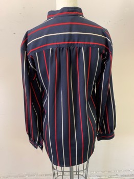 Womens, Blouse, CLUB MONACO, Navy Blue, Cherry Red, Off White, Polyester, Stripes - Vertical , XS, Long Sleeves, Half Button Front, 5 Buttons, Mandarin/Nehru Collar, Small Tucks on Shoulders, Button Cuffs, Curved Hem