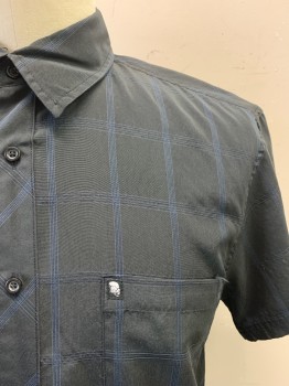 DRILL CLOTHING, Black, Blue, Polyester, Plaid-  Windowpane, Collar Attached, Button Front, Short Sleeves, 1 Pocket