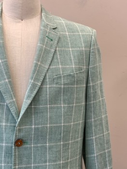 Mens, Sportcoat/Blazer, TED BAKER, Mint Green, Sea Foam Green, White, Linen, Polyester, Plaid - Tattersall, 42R, L/S, 2 Buttons, Single Breasted, Notched Lapel, 3 Pockets,