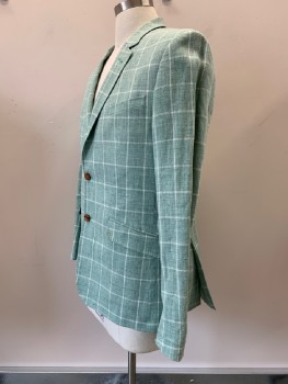 Mens, Sportcoat/Blazer, TED BAKER, Mint Green, Sea Foam Green, White, Linen, Polyester, Plaid - Tattersall, 42R, L/S, 2 Buttons, Single Breasted, Notched Lapel, 3 Pockets,