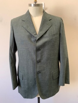 SIAM COSTUMES, Forest Green, Ecru, Wool, Heathered, Cross Hatched Streaked Pattern, Single Breasted, Notched Lapel, 4 Buttons, 3 Pockets, Hand Picked Stitching on Lapel, Made To Order