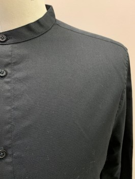 Mens, Casual Shirt, H&M, Black, Cotton, Solid, M, Band Collar, Button Front, L/S,