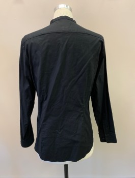 Mens, Casual Shirt, H&M, Black, Cotton, Solid, M, Band Collar, Button Front, L/S,