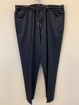 Mens, Casual Pants, PAUL SMITH, Navy Blue, Polyester, Solid, L31, W32, Zip Front, Elastic Waistband With Drawstring, 4 Pockets, Cuffed, Creased