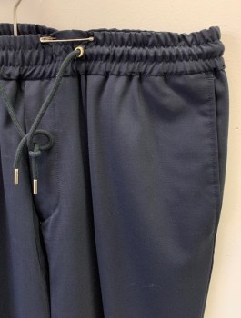 PAUL SMITH, Navy Blue, Polyester, Solid, Zip Front, Elastic Waistband With Drawstring, 4 Pockets, Cuffed, Creased